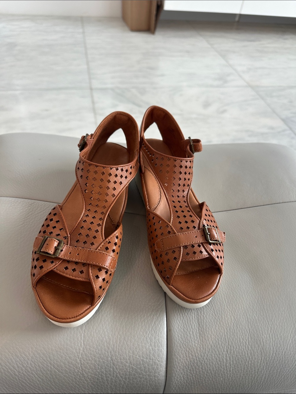 Women's Tan Perforated Buckle Wedge Sandals